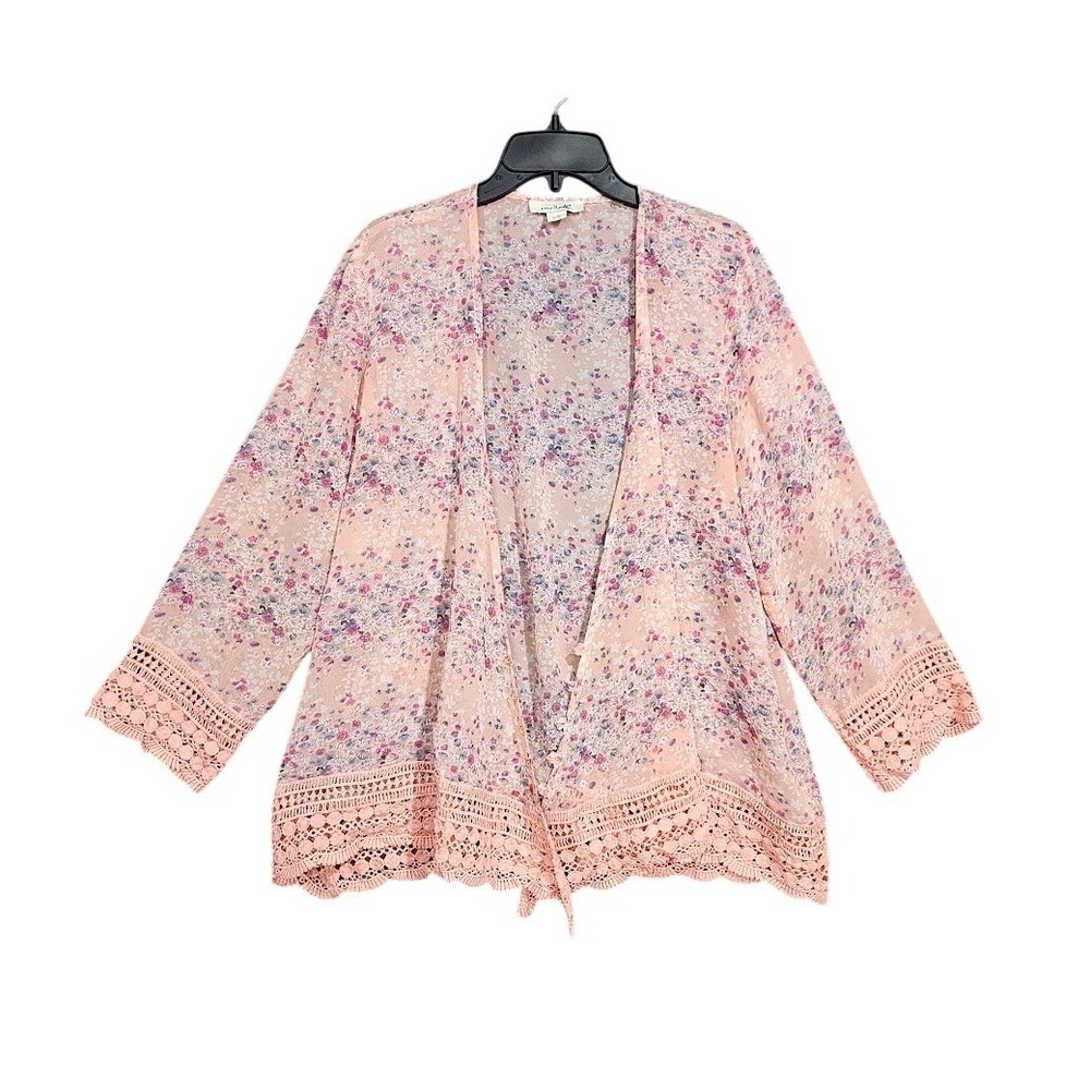 Simply Noelle Floral Sheer Kimono Duster Cardigan Chiffon L/XL Crochet Lace Trim